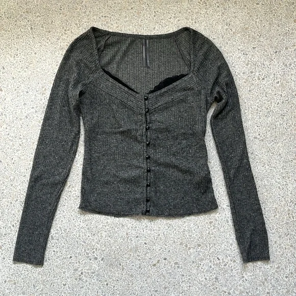 Anthropologie Gray Long Sleeve Lace Detail - Picture 3 of 5